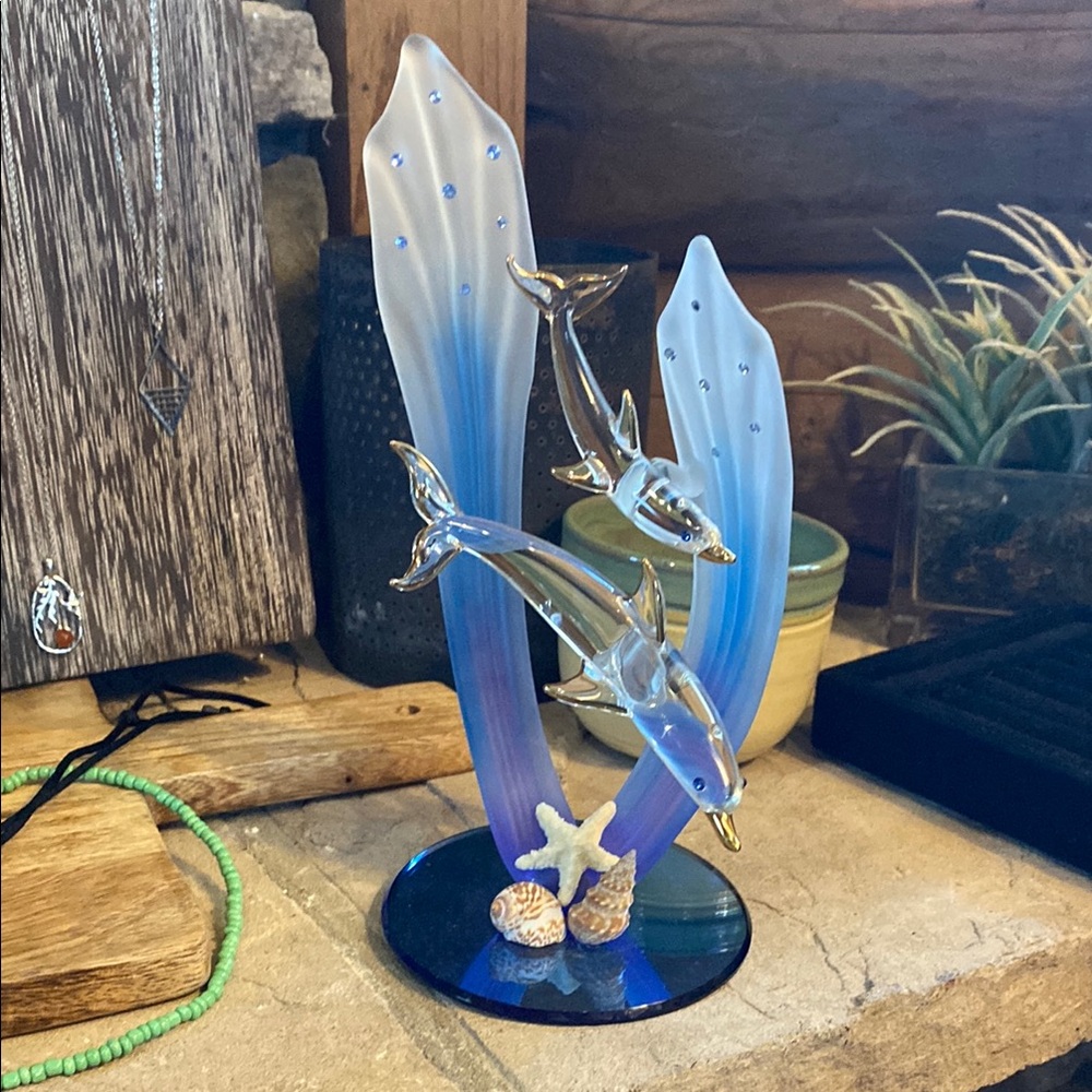 Blue and Gold Dolphin Glass Sculpture